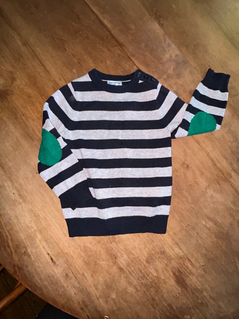 Jacadi Paris Boys Striped Sweater 4Y Navy Gray elbow Patches Cotton, Wool, NWT